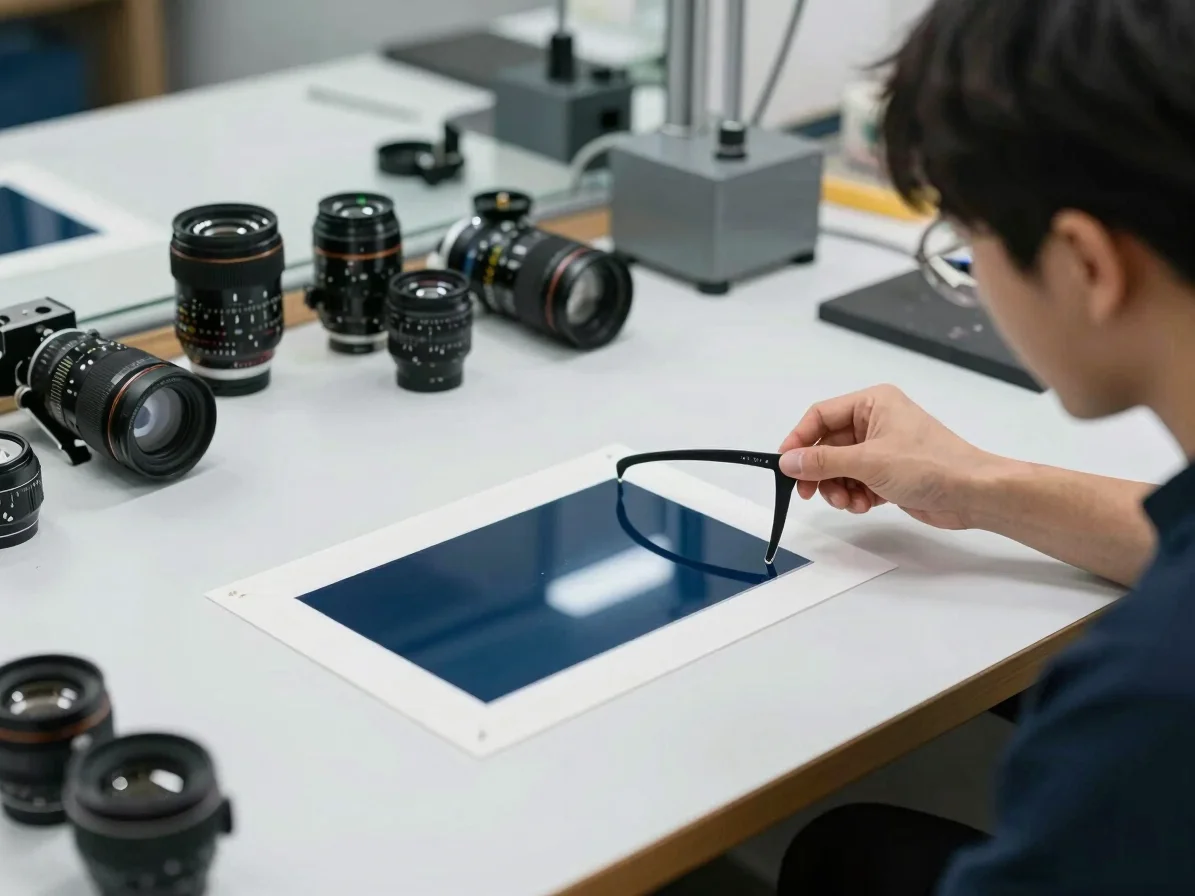 Editorial photograph of a craftsperson adjusting the temple of an acetate frame in an optical workshop, soft daylight, w