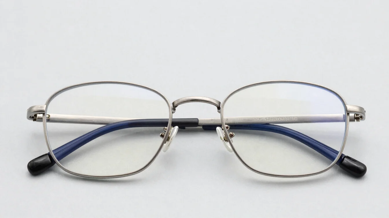 Editorial close-up of thin titanium frame temples on a light gray