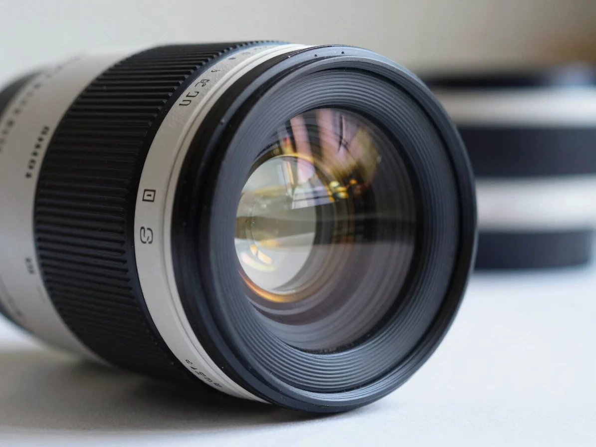 Macro editorial photograph of lens edges in a workshop setting, s
