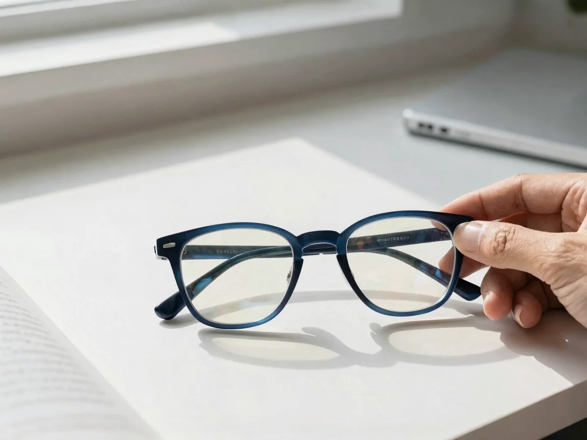 Clean editorial close-up of a pair of glasses being worn by a per