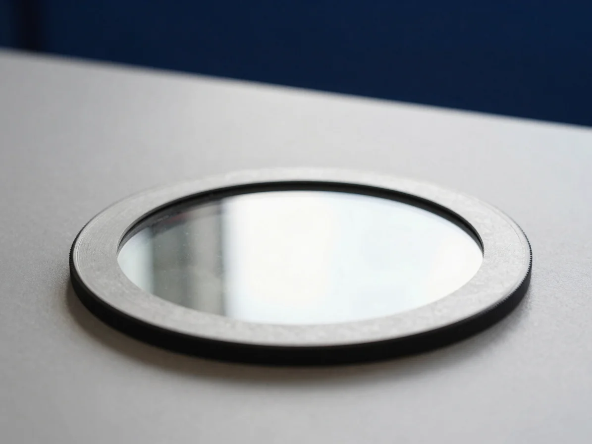 Editorial close-up of a round acetate frame resting on a neutral gray surface, soft diffused daylight, clean reflections