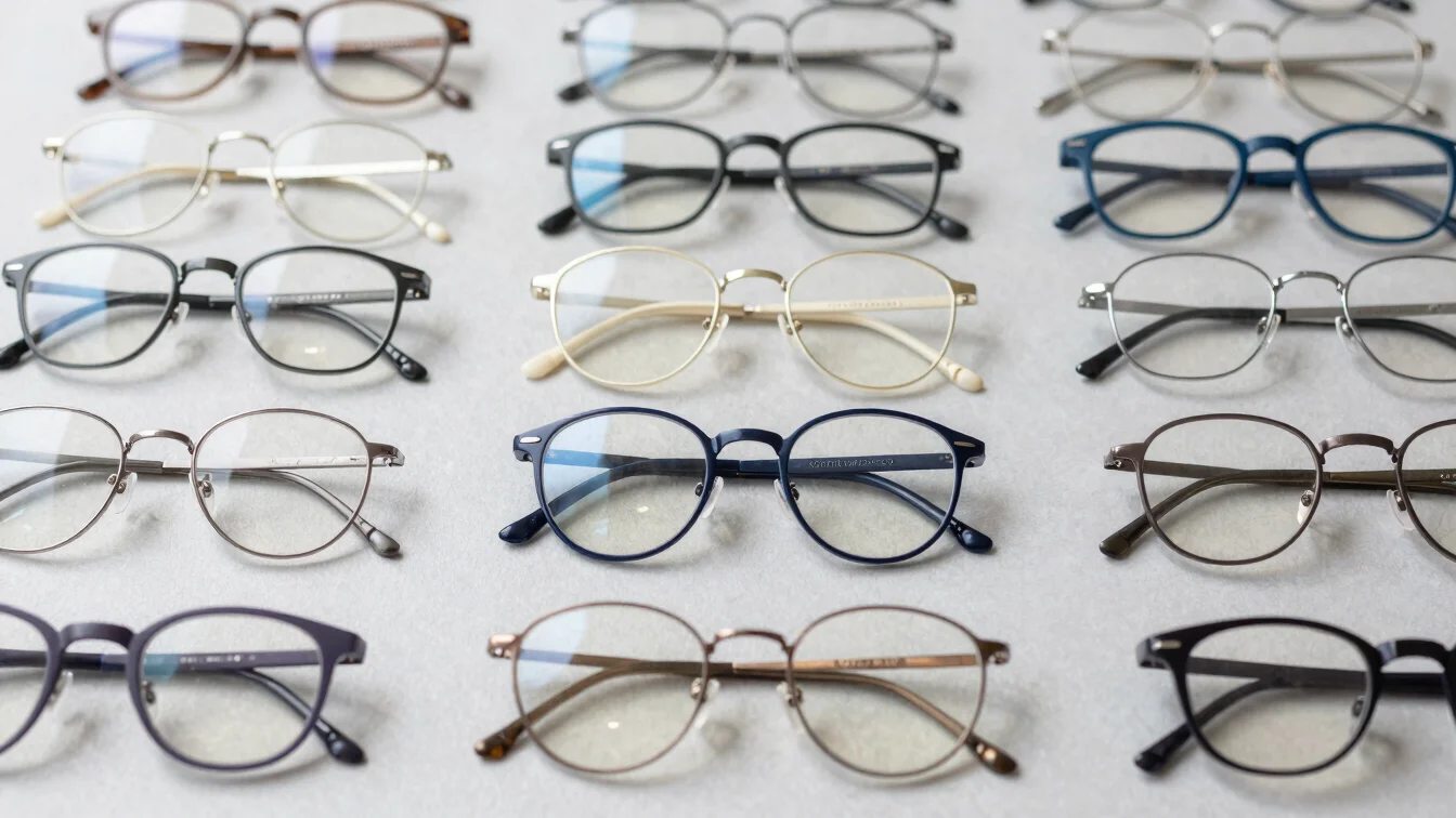 Row of minimalist eyeglass frames in graphite, ivory, and deep bl
