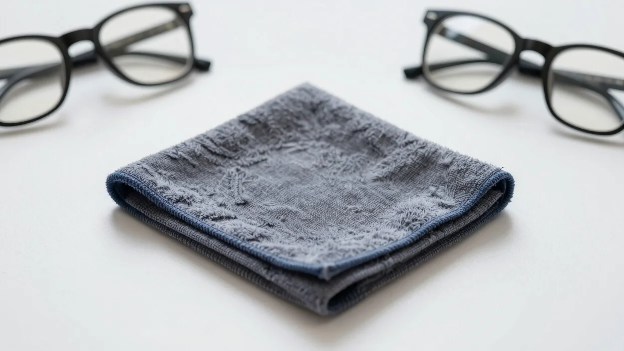 Microfiber cloth and a pair of frames on a white surface, soft di