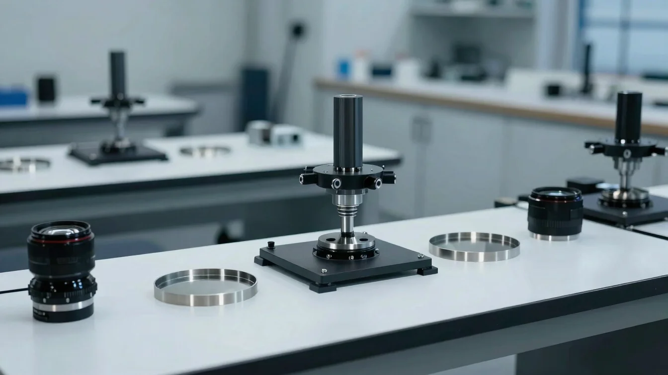 Optical workshop bench with lens blanks and a precision tool unde
