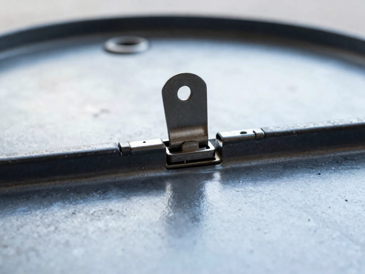 Macro editorial photograph of a metal barrel hinge on a dark acetate frame, soft diffused daylight, controlled reflectio