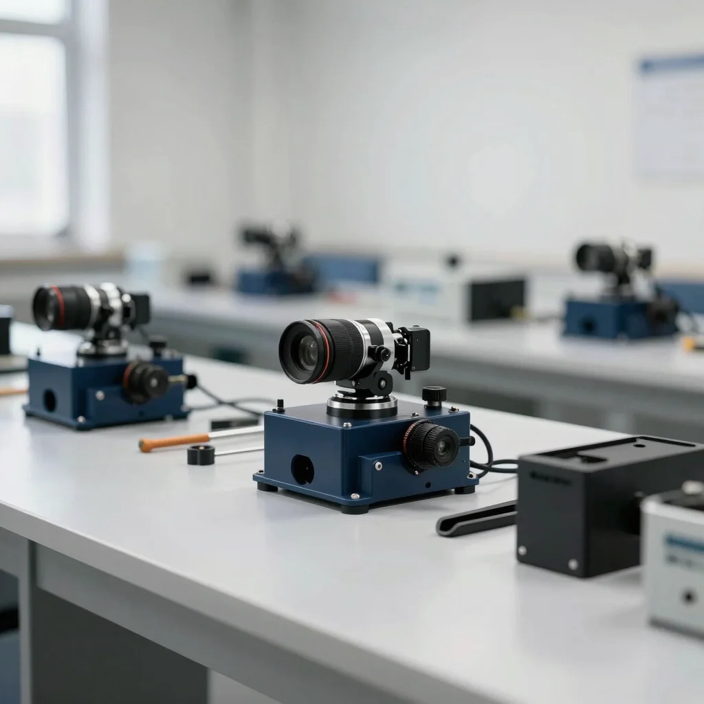 Optical workshop bench with frame components and tools, soft dayl