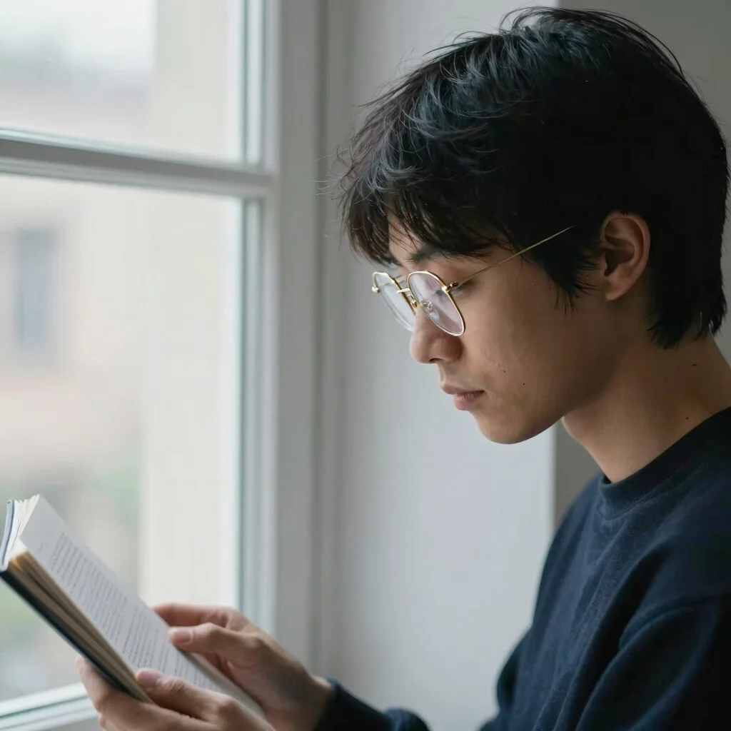 Person wearing clear-lensed gold wire frames reading by a window,