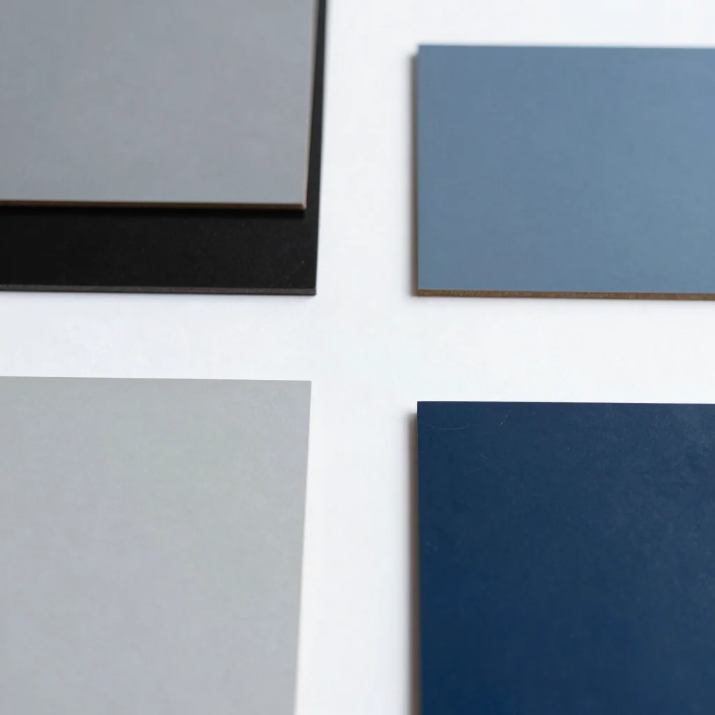 Flat-lay of several frame materials swatches in gray, black, and